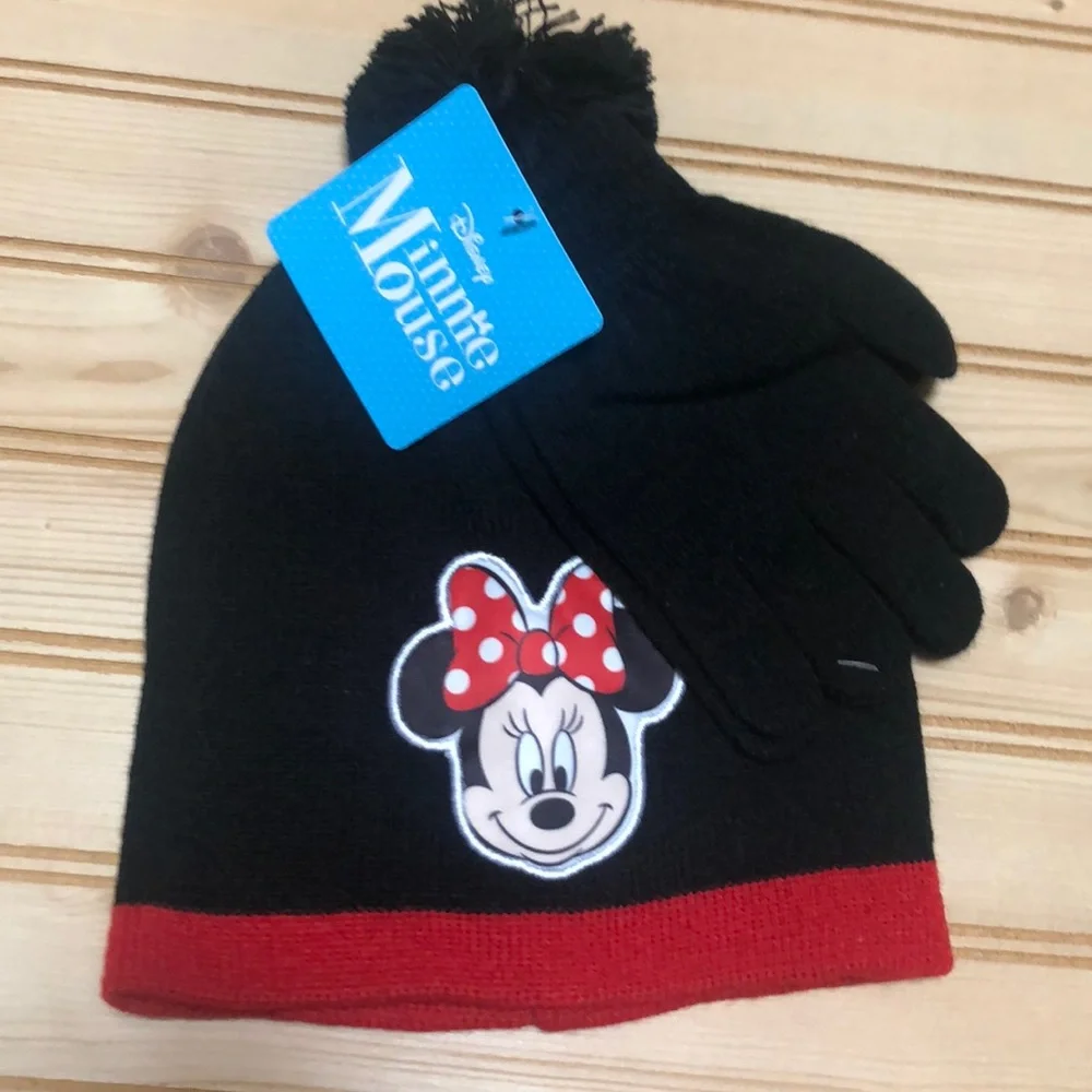 Minnie‎ Mouse Black Red Pom Pom Hat Glove Set NWT